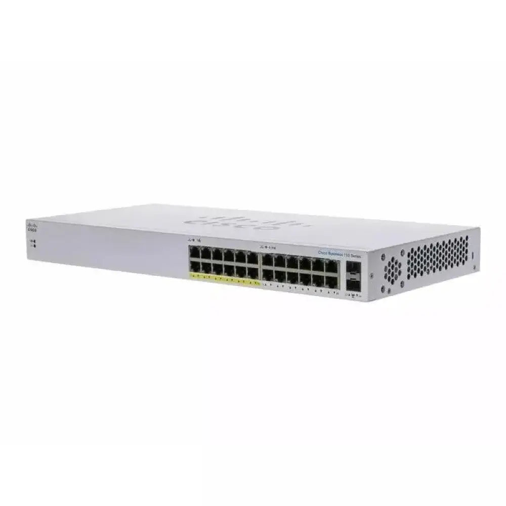 Cisco Business 110 Series 24-port PoE unmanaged switch with 2 SFP ports, front view