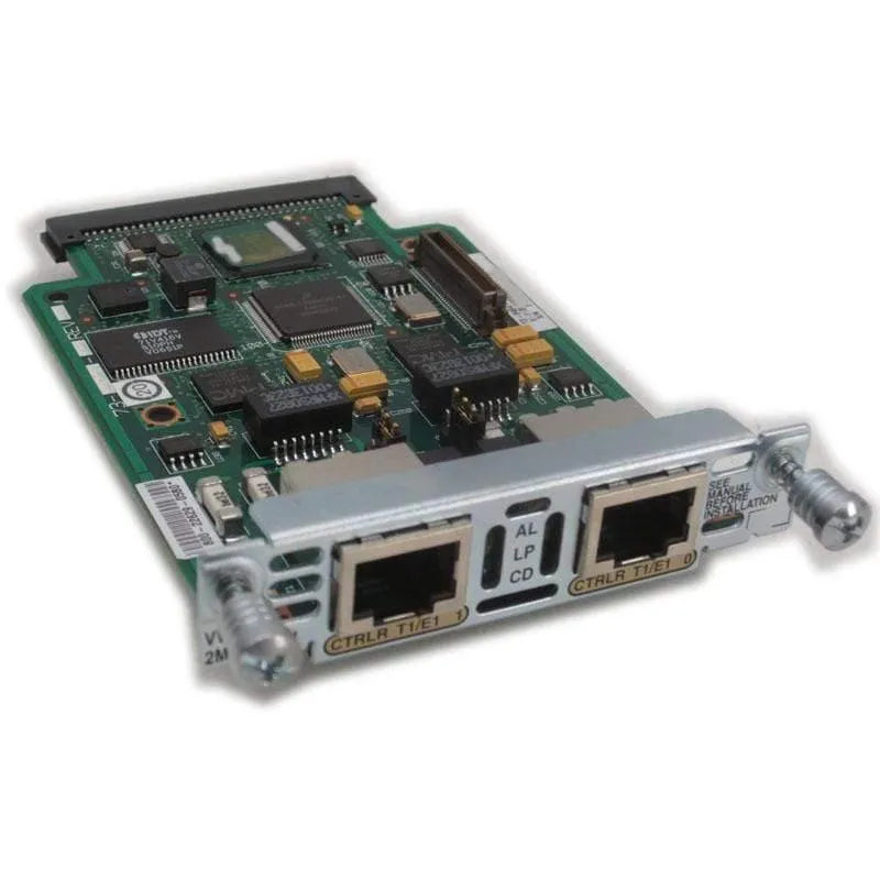 Cisco VWIC2-2MFT-G703 network interface module with dual Ethernet ports, green PCB