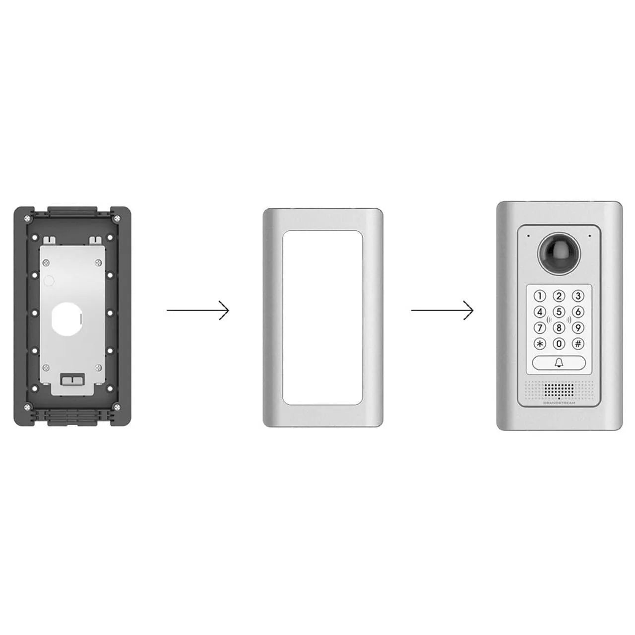 Grandstream GDS in-wall mounting kit installation process with device, frame, and keypad unit