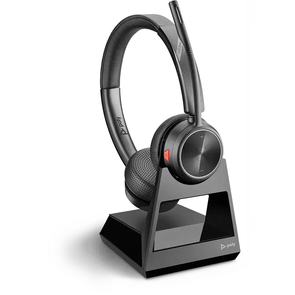 Poly Savi 7220 wireless stereo headset with boom mic on charging stand