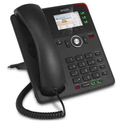 Snom D717 black gigabit SIP desk phone with LCD display and keypad, coiled cord attached