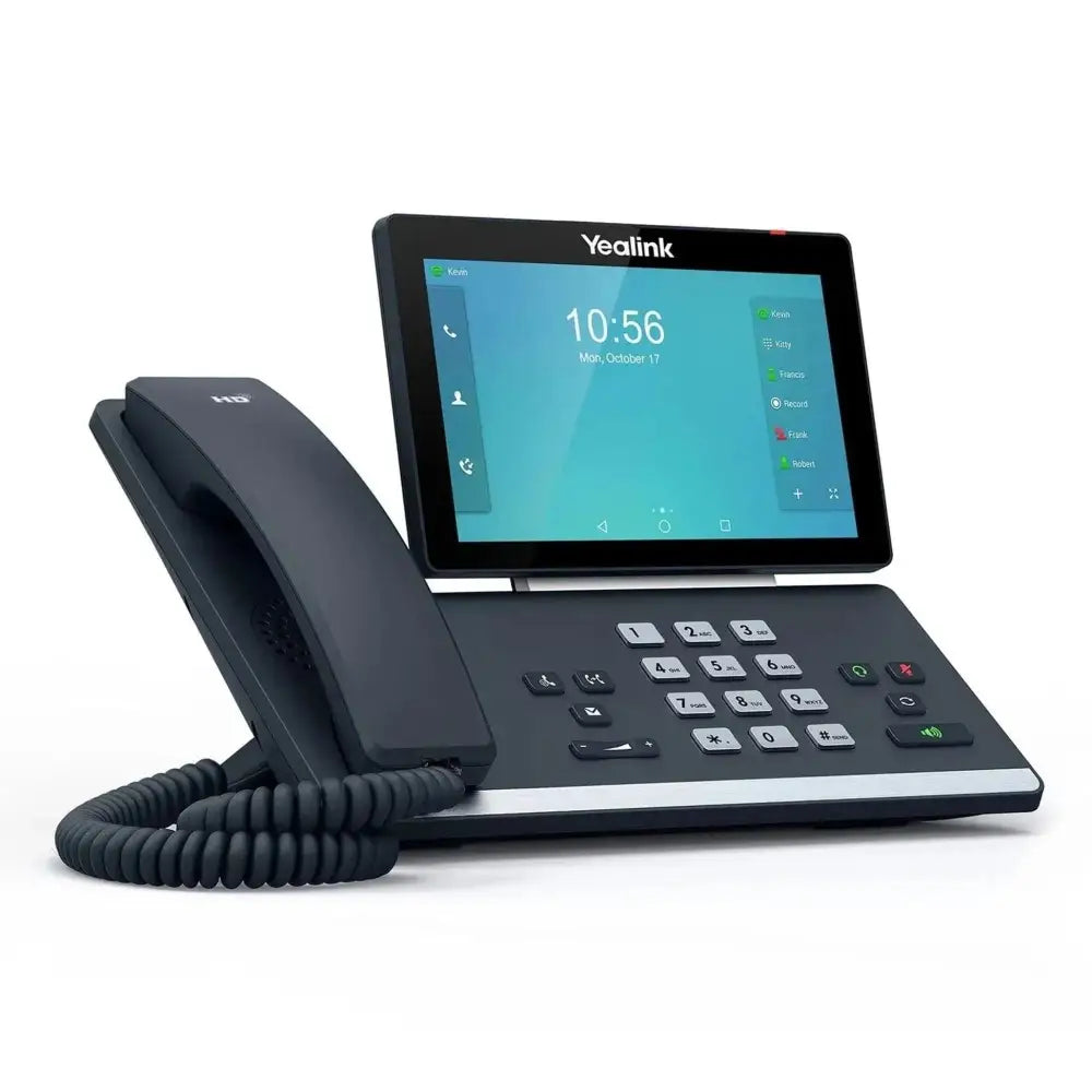 Yealink T58W 16-line gigabit IP phone with touchscreen, handset, and coiled cord