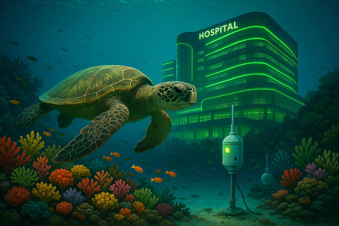 Sea turtle swimming near coral reef, underwater hospital building, and AI monitoring device