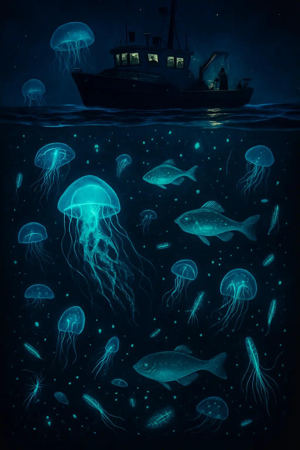 Fishing boat at night with glowing jellyfish, fish, and plankton underwater