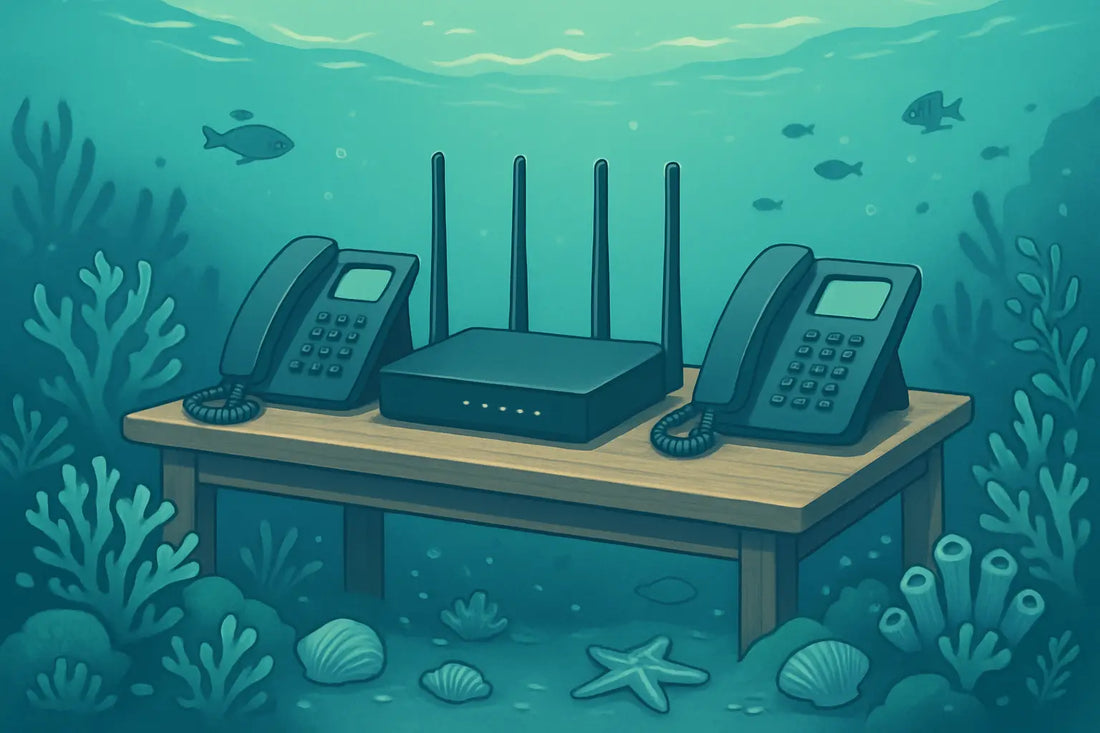 Underwater scene with desk phones and Wi-Fi router on wooden table among coral and fish