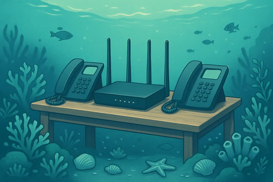 Underwater scene with desk phones and Wi-Fi router on wooden table among coral and fish