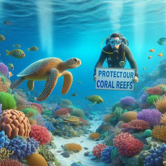 Scuba diver holding 'Protect Our Coral Reefs' sign underwater with sea turtle and colorful coral.