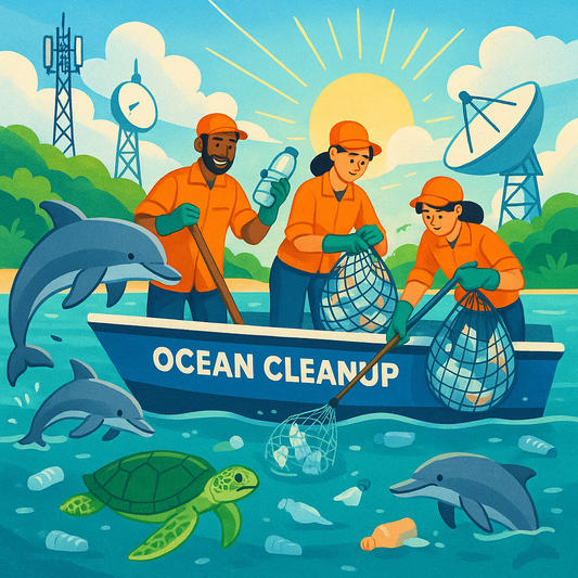 People cleaning ocean plastic from a boat labeled 'Ocean Cleanup,' with dolphins, turtle, telecom towers