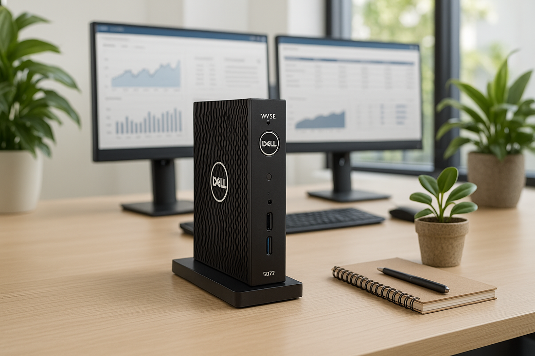 Dell Wyse 5070 thin client on office desk with monitors, notebook, and potted plants