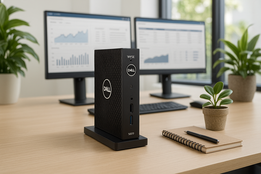 Dell Wyse 5070 thin client on office desk with monitors, notebook, and potted plants