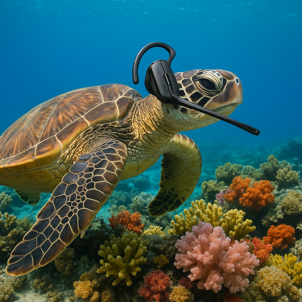Sea turtle wearing Plantronics CS540 wireless headset above colorful coral reef underwater