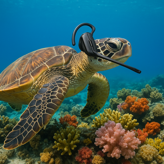 Sea turtle wearing Plantronics CS540 wireless headset above colorful coral reef underwater