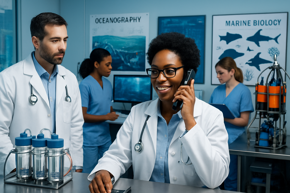 Marine biologists and doctors in lab coats working in oceanography lab with scientific equipment