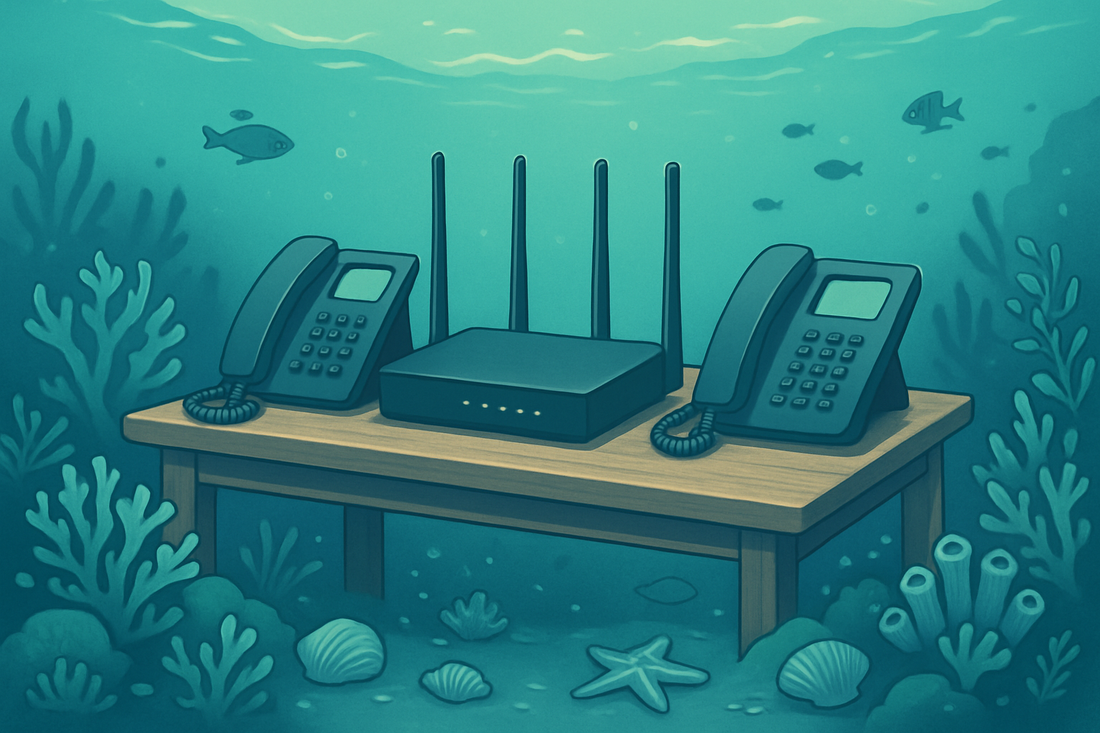 Underwater scene with desk phones and Wi-Fi router on wooden table among coral and fish