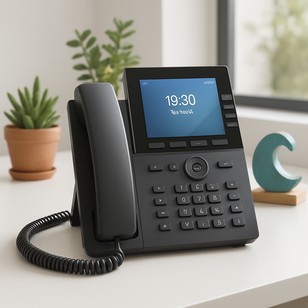 Modern office desk phone with display, succulents, and window in bright workspace