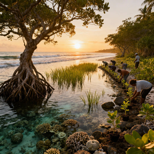 People planting mangrove seedlings by the ocean at sunset with coral and trees visible