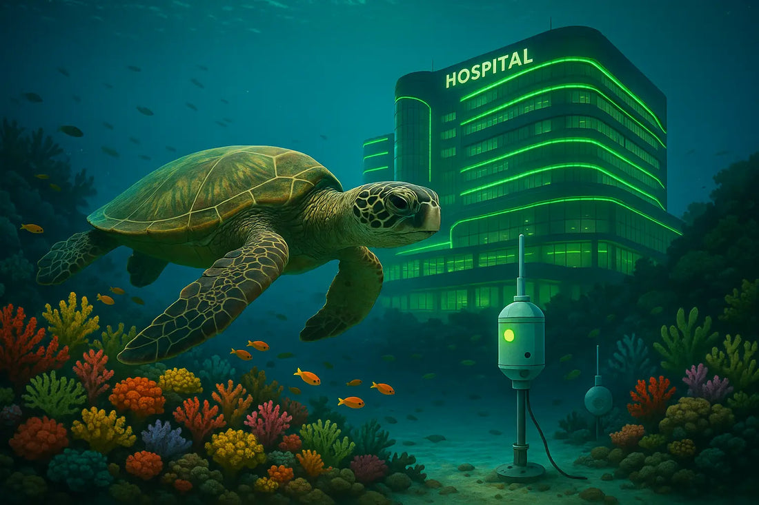 Sea turtle swimming near coral reef, underwater hospital building, and AI monitoring device