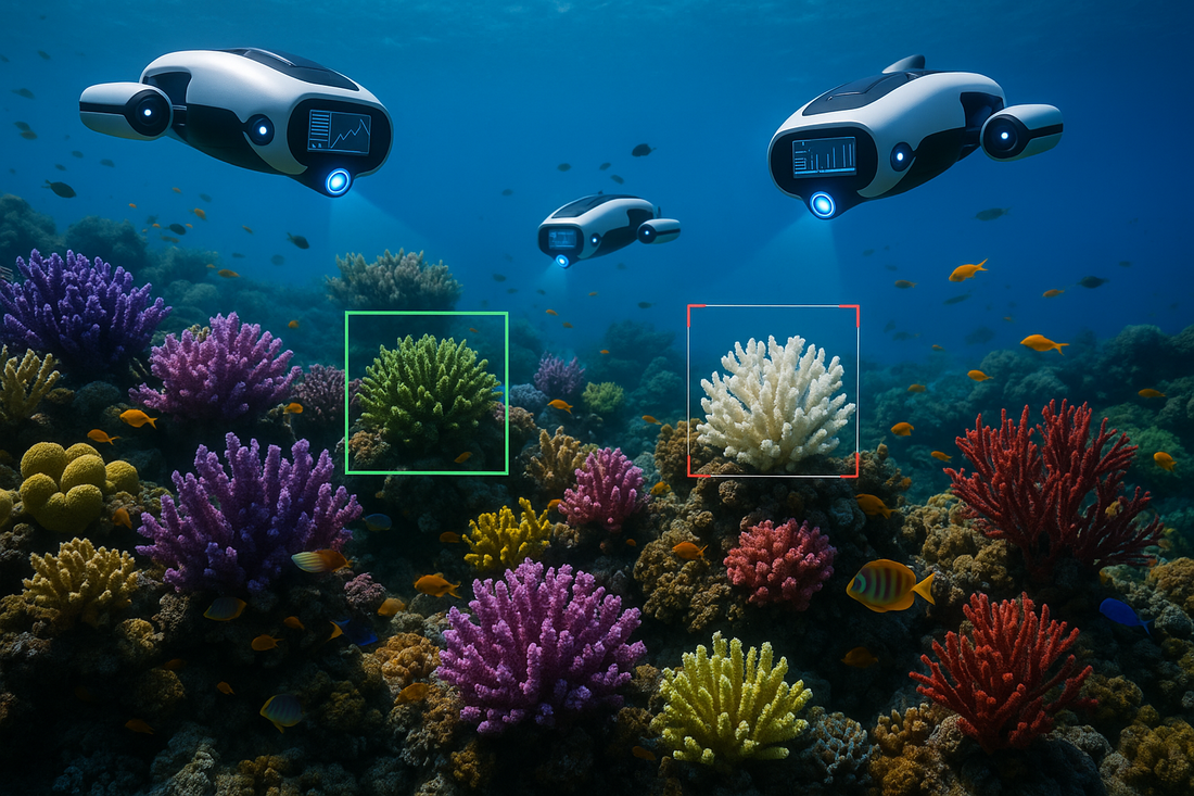 AI underwater drones monitoring colorful coral reef and marine life conservation