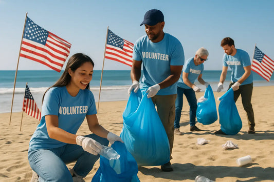 Volunteers cleaning beach with US flags for Memorial Day ocean conservation event