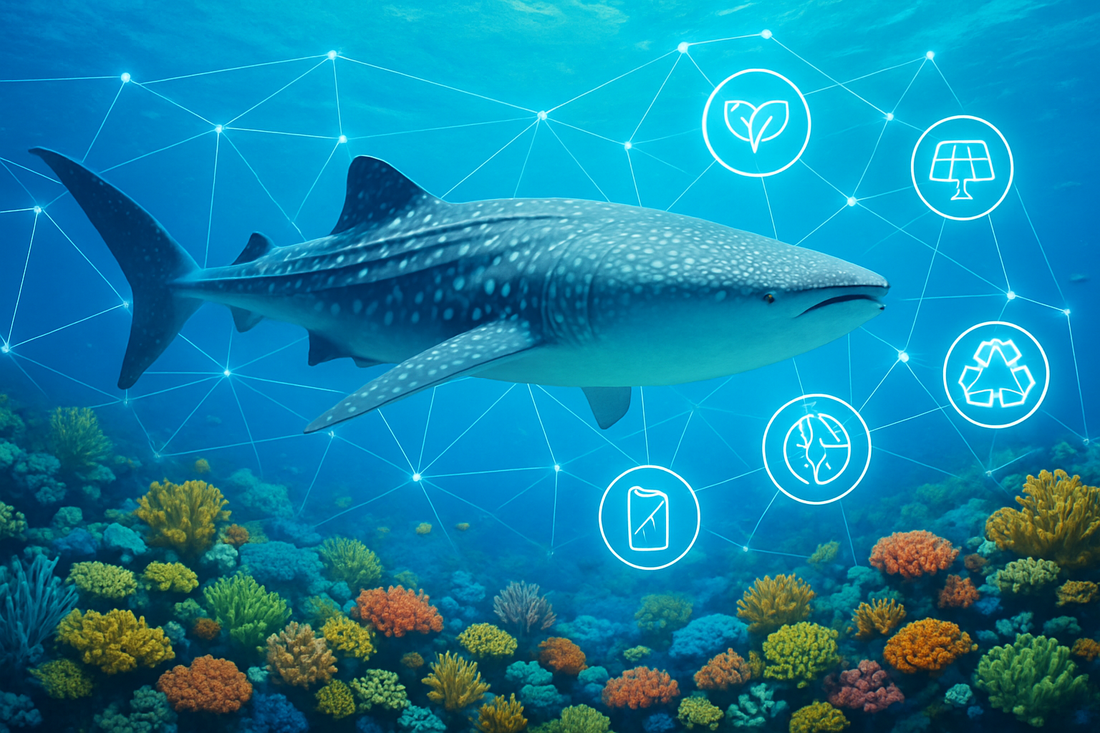 Whale shark swimming over colorful coral reef with technology icons and network lines