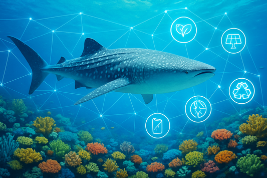 Whale shark swimming over colorful coral reef with technology icons and network lines