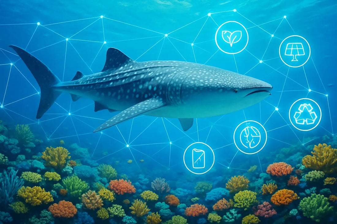 Whale shark swimming over colorful coral reef with technology icons and network lines