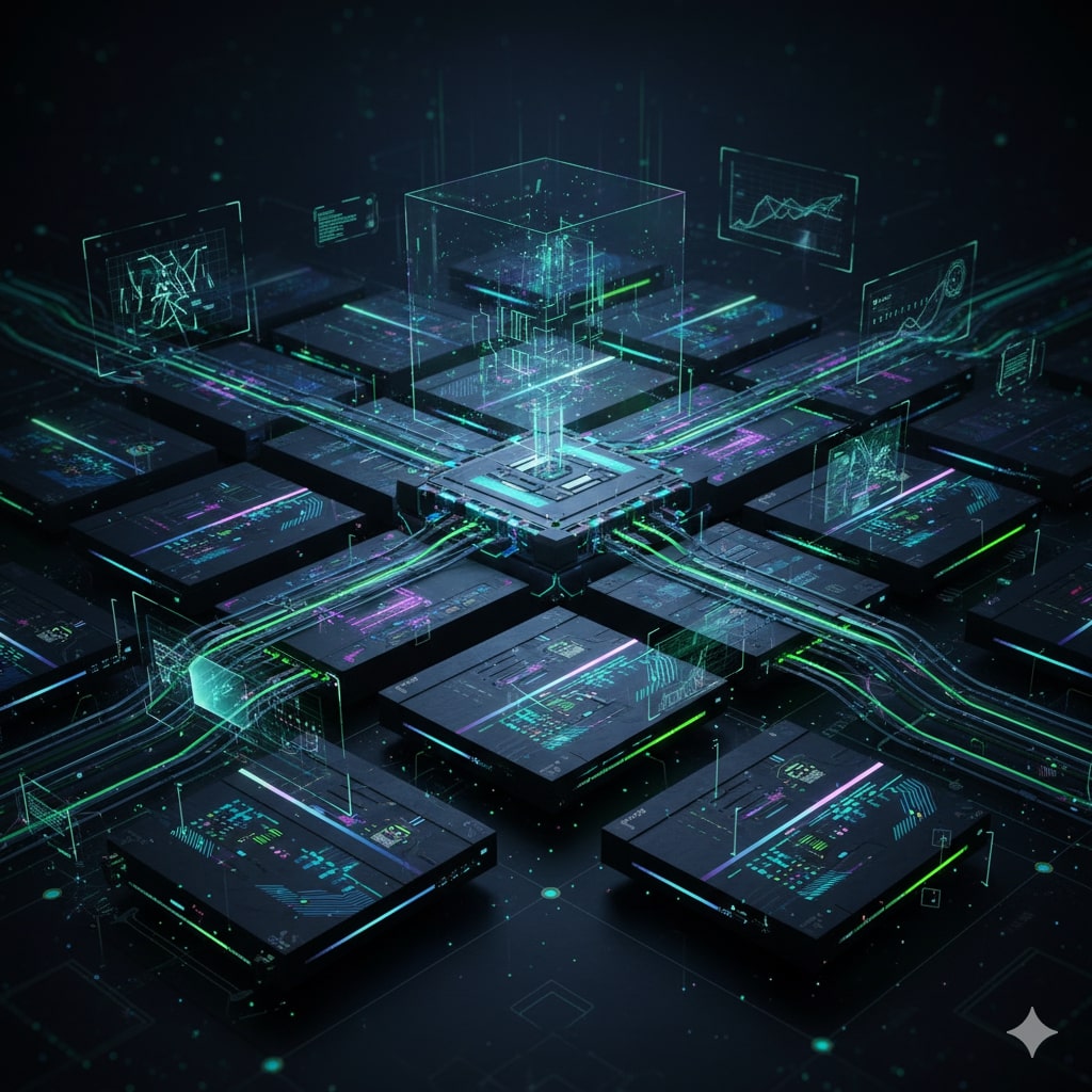 Futuristic AI data network with glowing circuit lines and digital interfaces