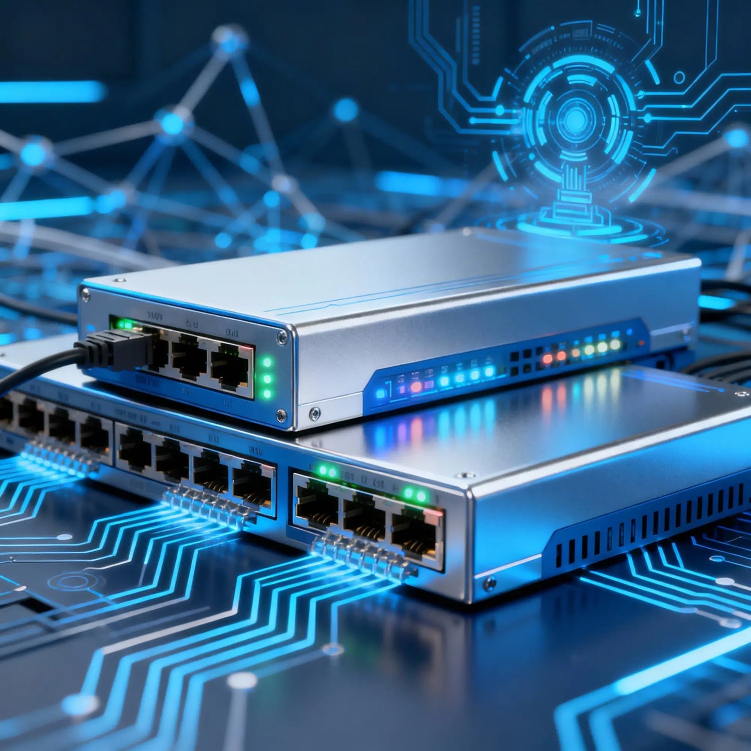 Stacked network switches with LED lights and digital circuit background in a data center