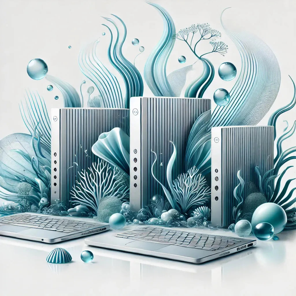 Dell Wyse thin client computers with keyboards, surrounded by aquatic coral and wave designs.