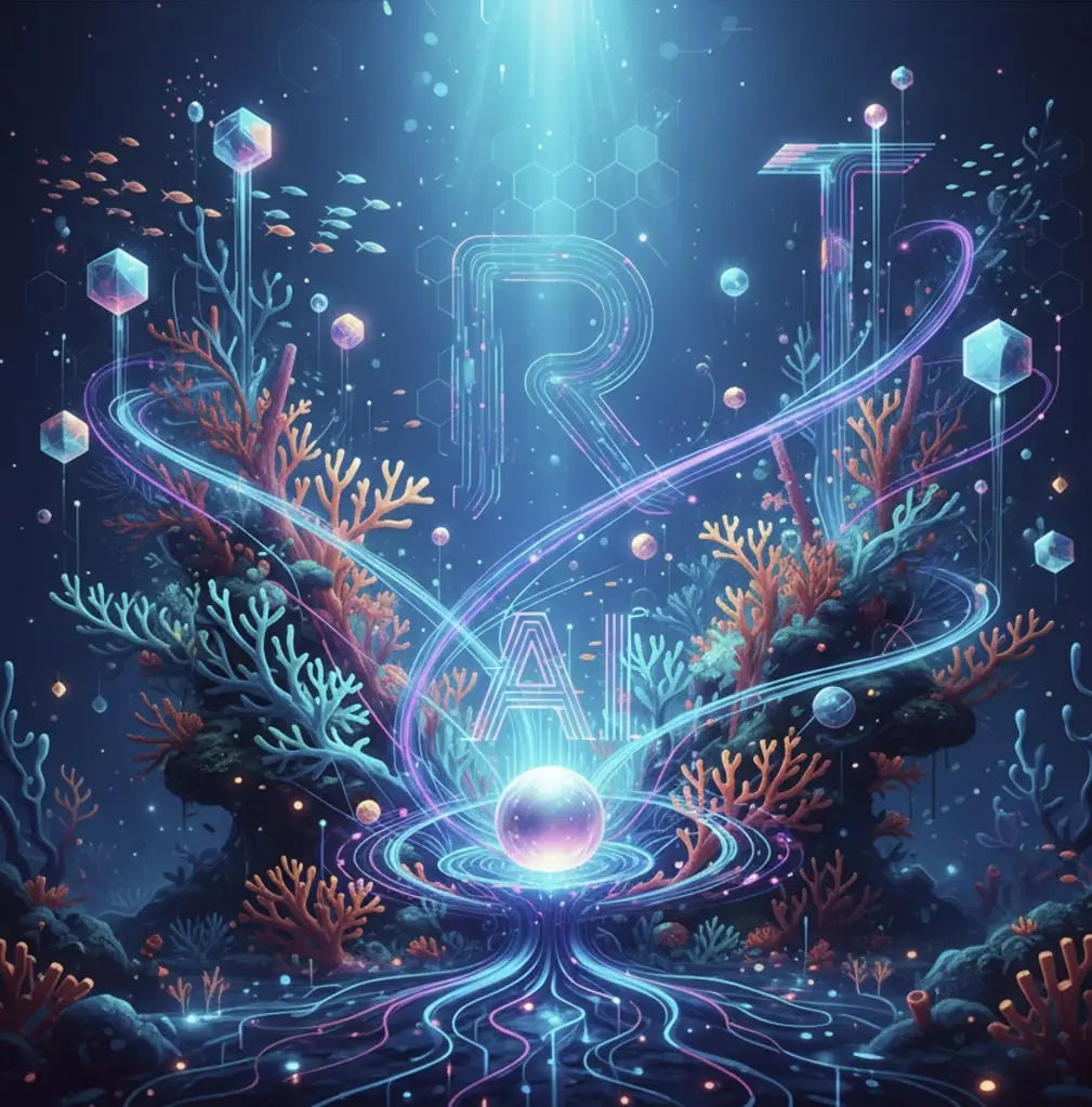 Futuristic underwater scene with neon coral, digital lines, and RT AI text glowing.