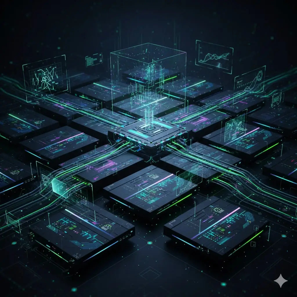Futuristic AI data network with glowing circuit lines and digital interfaces