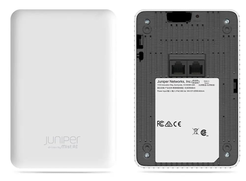 Juniper Networks Mist AI AP12 wireless access point front and back view with Ethernet ports.