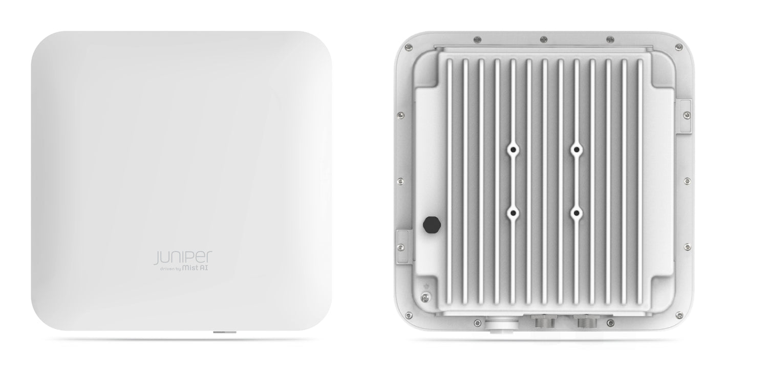 Juniper Mist AI outdoor wireless access point front and back view, white enclosure