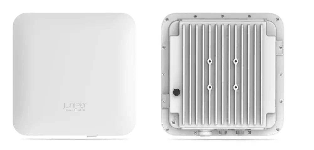 Juniper Mist AI outdoor wireless access point front and back view, white enclosure