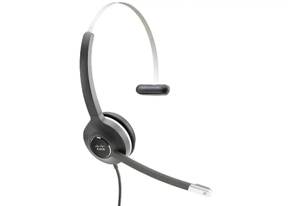 Cisco wired mono headset with microphone boom, black and silver color on white background