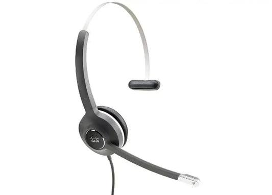 Cisco wired mono headset with microphone boom, black and silver color on white background