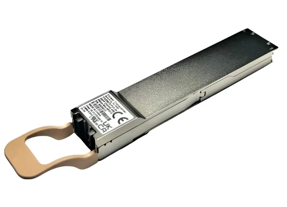 Mellanox 800G QSFP-DD transceiver module with label and beige pull-tab, isolated on white