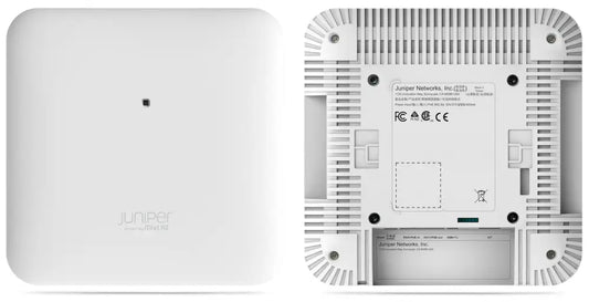 Juniper Mist AP43 Wi-Fi access point front and back view, white square design