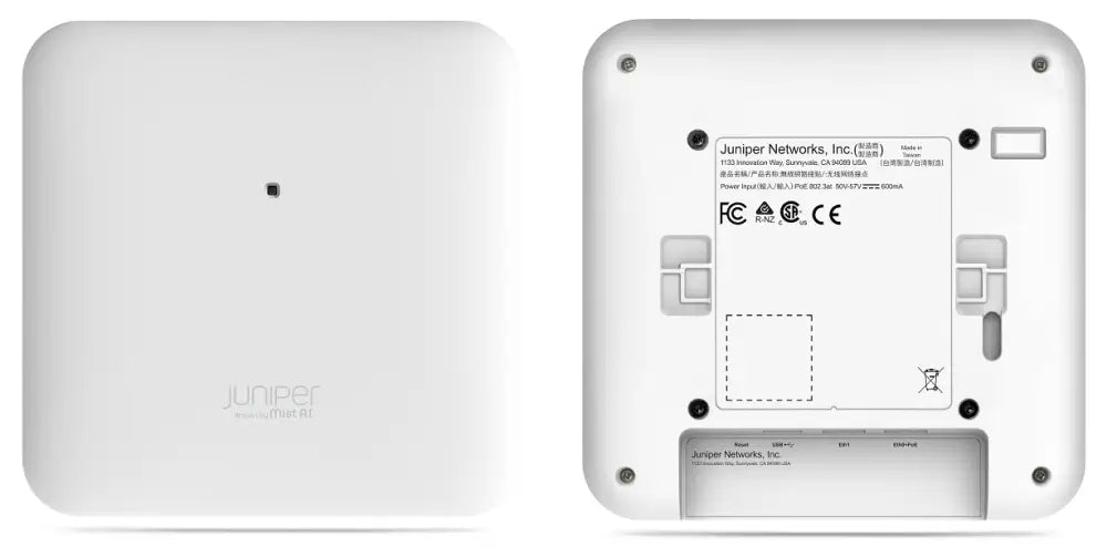 Juniper Mist AP45 Wi-Fi access point front and back view, white square device with ports and labels.