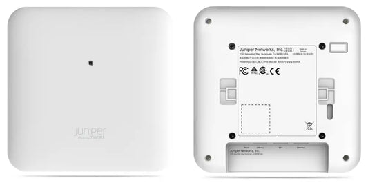 Juniper Mist AP45 Wi-Fi access point front and back view, white square device with ports and labels.