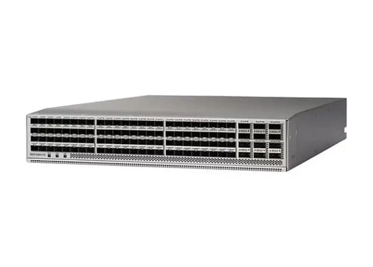 Front view of a rack-mounted network switch with multiple Ethernet ports