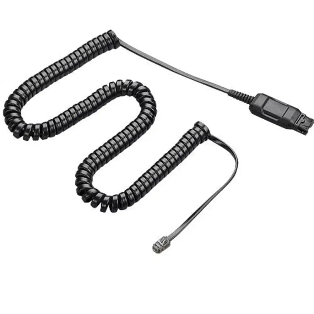 Coiled black telephone headset quick disconnect cable on a white background