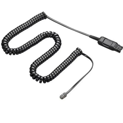 Coiled black telephone headset quick disconnect cable on a white background