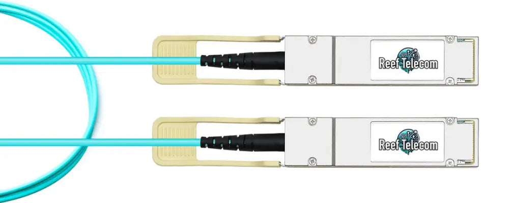 QSFP-100G AOC cable with teal fiber and Reef Telecom branding on transceivers