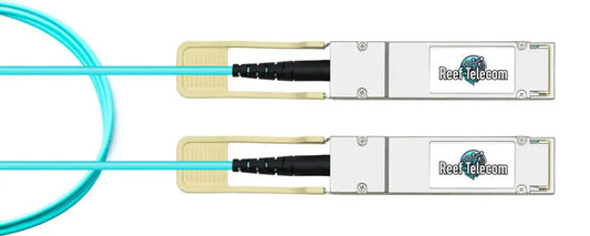QSFP-100G AOC cable with two silver Reef Telecom connectors and aqua fiber optic cable