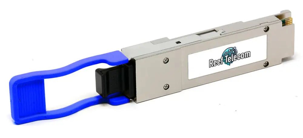 QSFP-40G-LR4 RT optical module with blue handle and Reef Telecom logo on white