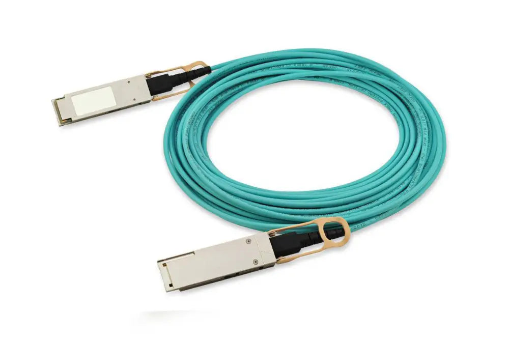QSFP H100G AOC3M turquoise fiber optic cable with metal connectors on white background