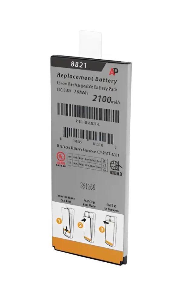 AP 8821 replacement battery pack 2100mAh for barcode scanner, installation steps shown