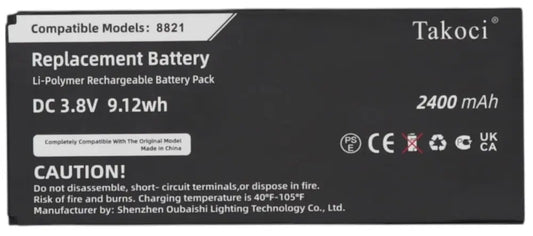 Takoci replacement battery for model 8821, 3.8V 2400mAh Li-Polymer, black rectangular pack