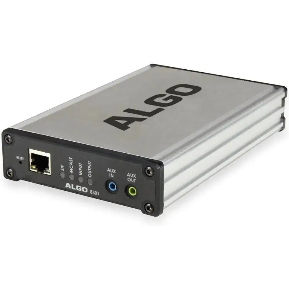 ALGO 8301 PoE IP voice paging adapter with input, output, and network ports on silver case